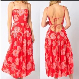 Olivaceous Red Floral Cut Out Midi Dress, Women's size Large